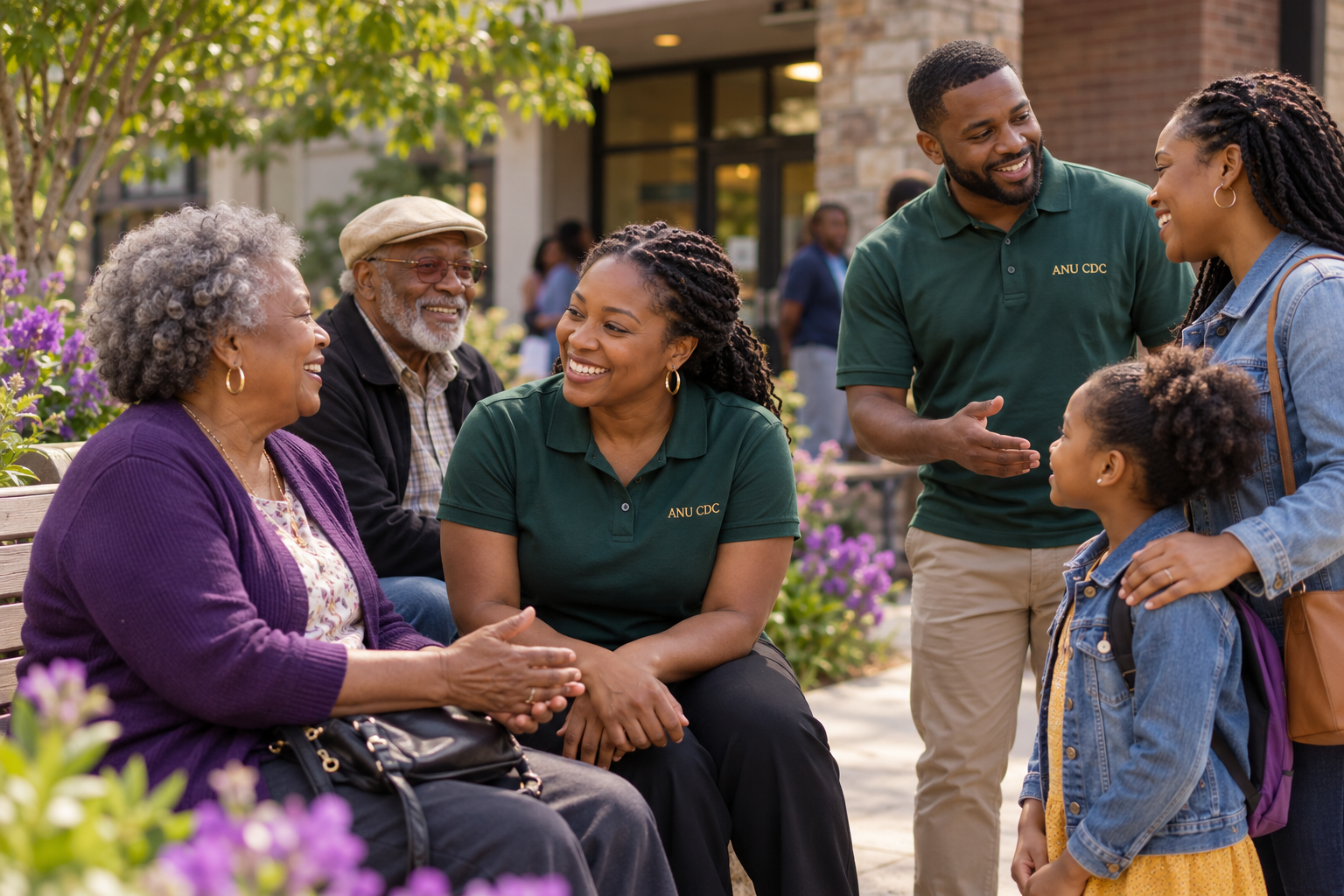 Illustration of ANU CDC volunteers connecting with seniors and a family outside a community center
