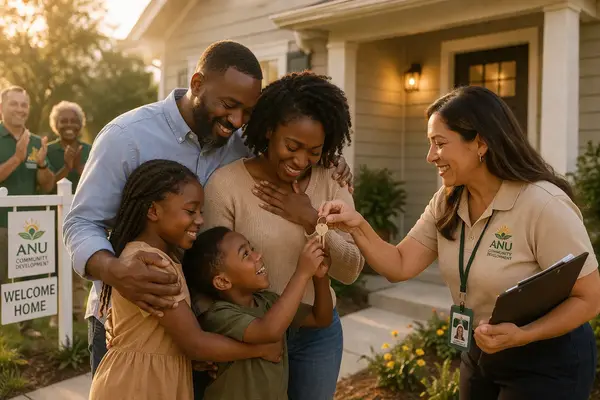 Illustration of a family receiving house keys with community support