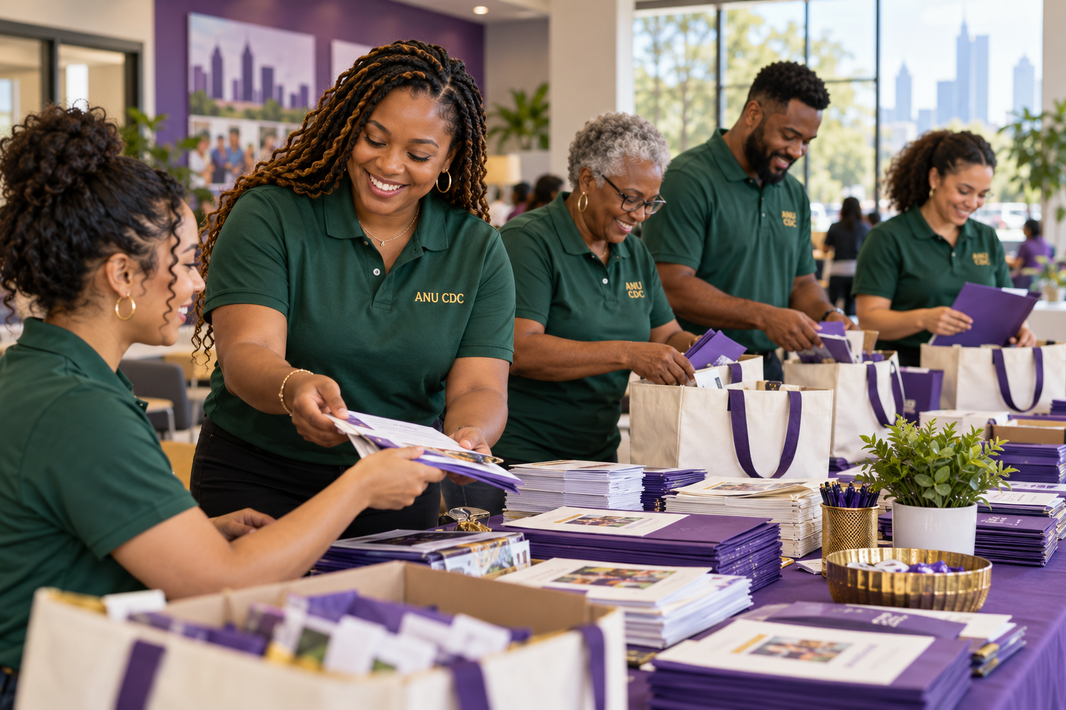 Illustration of ANU CDC volunteers preparing community resource packets and welcome bags