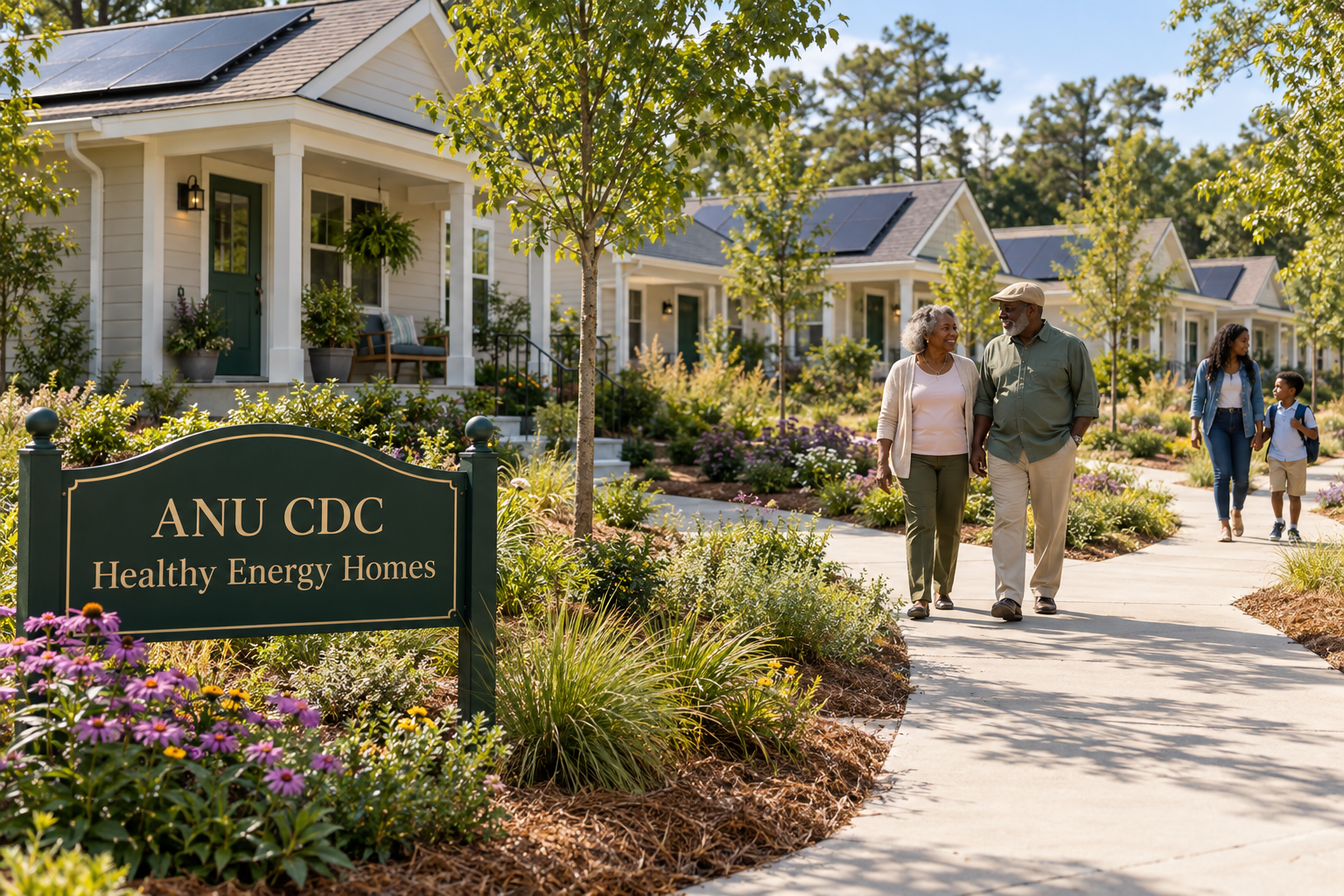 Concept illustration of ANU CDC Healthy Energy Homes with solar panels, landscaping, seniors, and a family