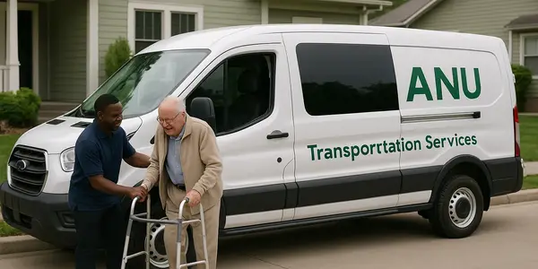 Senior receiving assistance beside an ANU Transportation Services van