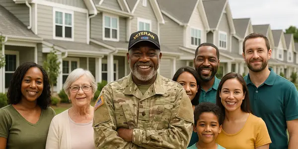 Veteran and community members standing in front of homes